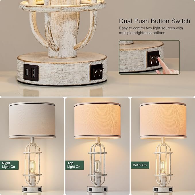 22.3" Farmhouse Table Lamps Set of 2, Vintage Lamps for Living Room End Tables, Bedroom Lamp for NightStand with USB C+A Ports, Antique White