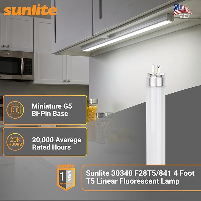 Sunlite 30340 F28T5/841 4 Foot T5 Linear Fluorescent Lamp, 28 Watts, 2500 Lumens, 4100K Cool White, Miniature G5 Bi-Pin Base, ROHS Compliant, High Performance Straight Tube, 40 Pack