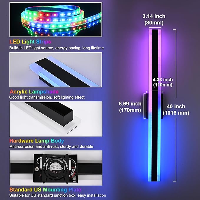 TODOLUZ 2-Pack 48-Inch Outdoor Long Linear RGB Wall Light Fixture, IP65 Waterproof 30W LED Wall Mounted Lamp with Remote Control for Outdoor/Indoor Party Gathering