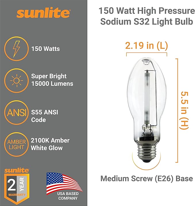 Sunlite 03620-SU LU150/MED High Pressure Sodium Light Bulb, 150 Watts, ED17/MED, Medium Base (E26), ANSI Code S55, 15000 Lumen, 20000 Life Hours, Clear, 2100K