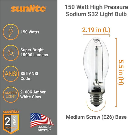 Sunlite 03620-SU LU150/MED High Pressure Sodium Light Bulb, 150 Watts, ED17/MED, Medium Base (E26), ANSI Code S55, 15000 Lumen, 20000 Life Hours, Clear, 2100K