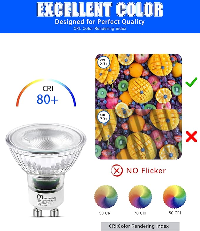 MASTERY MART 120 Pack GU10 LED Light Bulbs, 50 Watt Halogen Equivalent, 5.5W Dimmable, MR16 Spot LED Flood Light Bulbs Replacement for Recessed Track Lighting, 5000K Daylight White