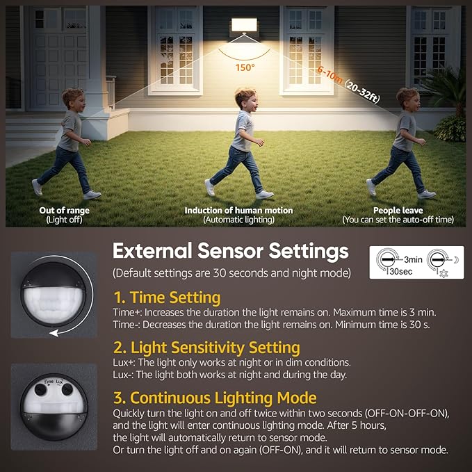 40W Motion Sensor Outdoor Wall Lights, 3000K Black LED Light Fixture, IP65 Waterproof Exterior Porch Light, 360 ° Adjustable Head Flood Wall Lighting for House