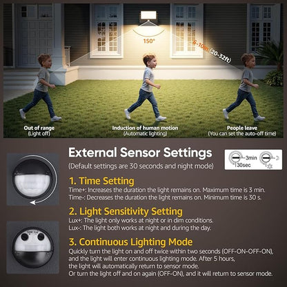 40W Motion Sensor Outdoor Wall Lights, 3000K Black LED Light Fixture, IP65 Waterproof Exterior Porch Light, 360 ° Adjustable Head Flood Wall Lighting for House