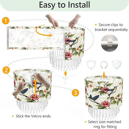 Hummingbird Floral Lamp Shade with Acrylic Bead Droplets, Spring Humming Bird Flower Fabric Light Shade for Pendant Table & Floor Lamps, Memorial Gift for Bird Lover, 15.7in