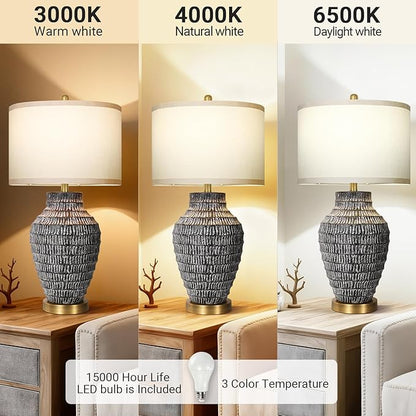 28”H Big Rustic Table Lamp with USB Charging Port for Bedroom Living Room, Black and Wash White Finish, 3 Color Temperature, Linen Shade, Rotary Switch Bedside Resin Lamp for Home Nightstand Decor