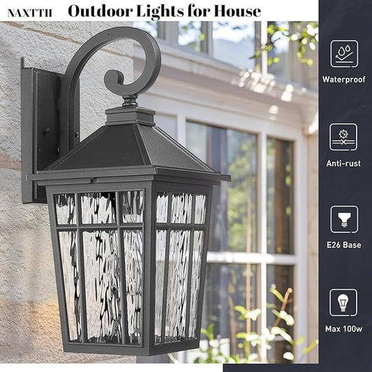 Outdoor Wall Lights 14 Inch Exterior Waterproof Lighting Fixtures Aluminum Material and Water Ripple Glass E26 Socket Black Outdoor Lights for House Garages