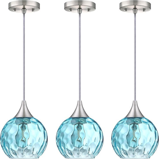 6.3" Blue Texture Glass Pendant Light 3 Pack Pendant Ceiling Light Fixture Brushed Nickel Finish Modern Farmhouse Dinning Over Sink Adjustable Height Cord