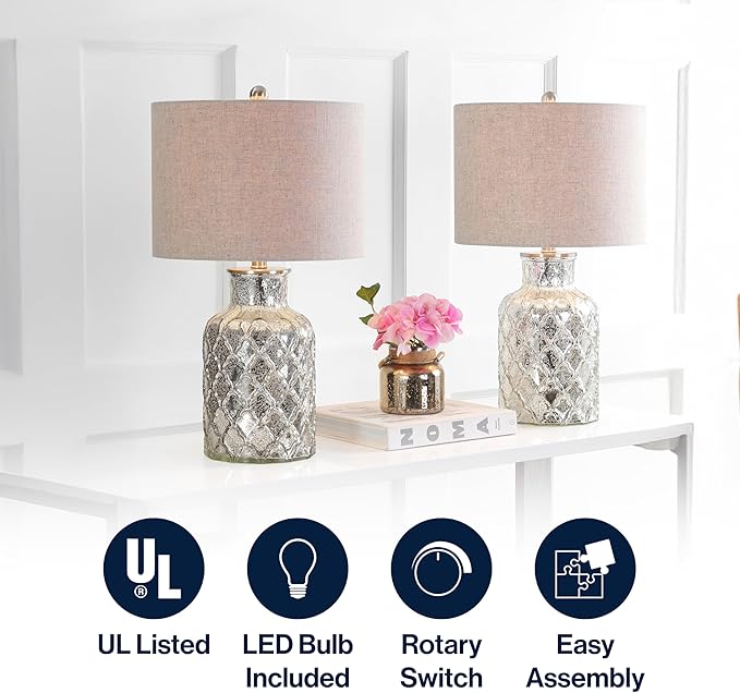 JONATHAN Y JYL1075A-SET2 Set of 2 Table Lamps Alvord 24.5" LED Glass Table Lamp Contemporary Bedside Desk Nightstand Lamp for Bedroom Living Room Office College Bookcase, Mercury Silver
