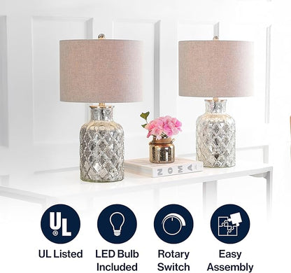 JONATHAN Y JYL1075A-SET2 Set of 2 Table Lamps Alvord 24.5" LED Glass Table Lamp Contemporary Bedside Desk Nightstand Lamp for Bedroom Living Room Office College Bookcase, Mercury Silver