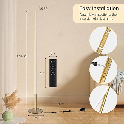 Marlrin Minimalist Corner Floor Lamp 2700K-6500K Dimmable with Remote Control 57.8" Height Metal Slim Ambient Standing LED Light Modern Design Decorative Lamp for Living Room Bedroom (Gold)