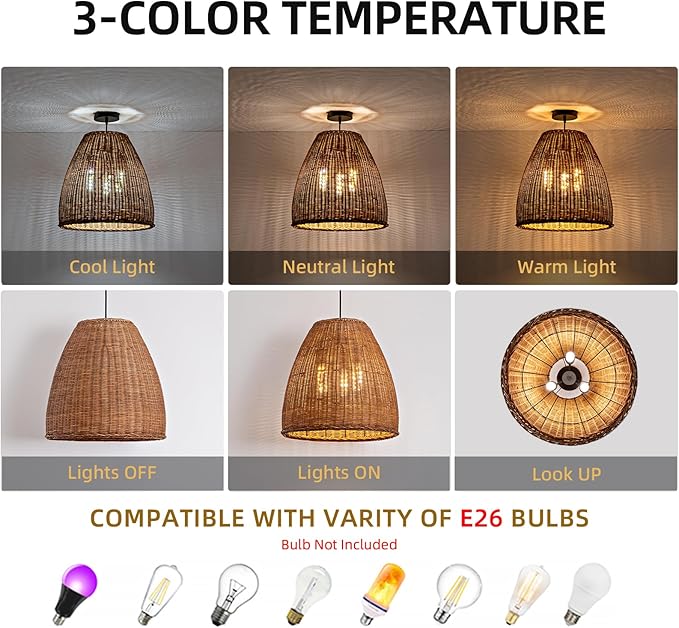 3-Light Dark Curry Rattan Pendant Light,16.54" Rustic Hanging Light,Brown Wicker Pendant Light Hand-Woven Rattan Chandelier for Workplace Restaurants Dining Living Kitchen Farmhouse