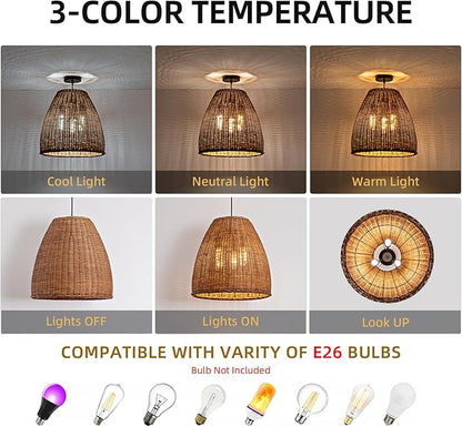 3-Light Dark Curry Rattan Pendant Light,16.54" Rustic Hanging Light,Brown Wicker Pendant Light Hand-Woven Rattan Chandelier for Workplace Restaurants Dining Living Kitchen Farmhouse