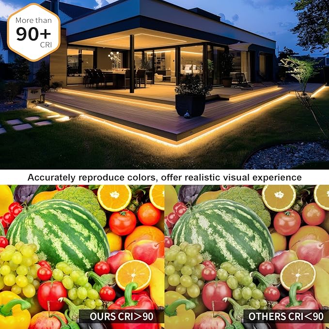 100ft COB Outdoor LED Strip IP67 Waterproof, 3000K Warm Whit DC24V Flexible LED Rope Strips with Remote & App Control Dimmable, DIY Lighting for Indoor, Outdoor, Garden, Patio（2 Rolls）