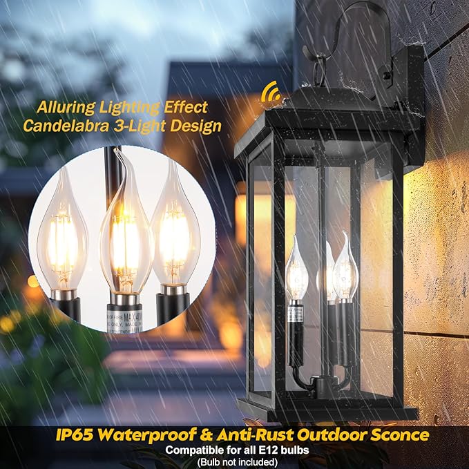 2-Pack Dusk to Dawn Outdoor Lighting 23 Inch Extra Large, 3-Light Modern Black Outdoor Wall Lights Exterior Lighting Fixtures, IP65 Waterproof Outdoor Lanterns Photocell Sensor, E12