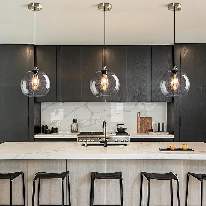 Clear Glass Pendant Lights Kitchen Island Lighting Globe Pendant Light Fixtures Modern Pendant Lighting for Kitchen Island Bedroom Living Dining Room Light Fixture(9.84in, 1-Pack)