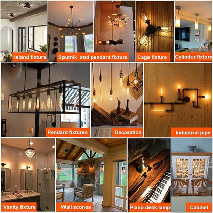 LiteHistory Dimmable E26 LED Bulb 4W Equal Edison Bulb 40 Watt AC120V Tubular Light Bulb Warm White 2200K Amber 250lm T10 LED Bulb for Rustic Pendant,Chandeliers,Wall sconces E26 Light Bulbs 6Pack