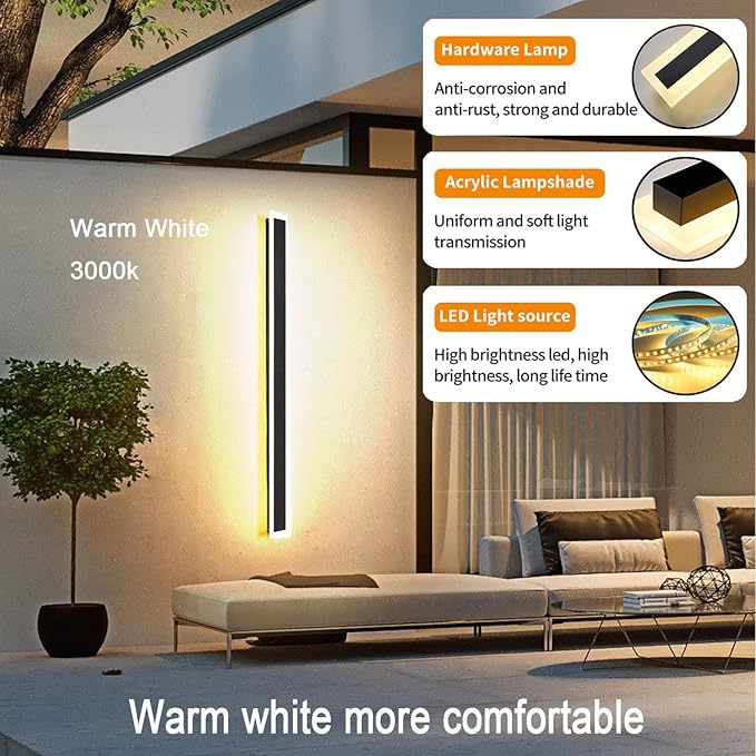 2Pack 79inch Long Outdoor Modern LED Wall Light,65W Waterproof IP65 Warm White 110V led Wall Mount Lighting Fixture Rectangular Black Wall Lights Elegant Frosted White Acrylic Anti Rust