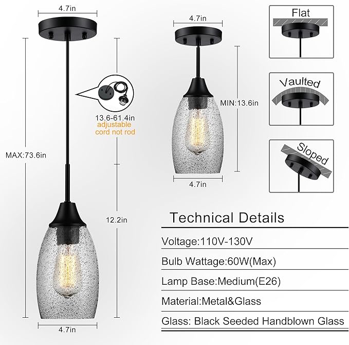 Mini Glass Pendant Light,4.72" Black Glass Hanging Light 3-Pack Handblown Clear Black Seeded Shade Adjustable Cord Ceiling Light Fixture for Kitchen Island Sink