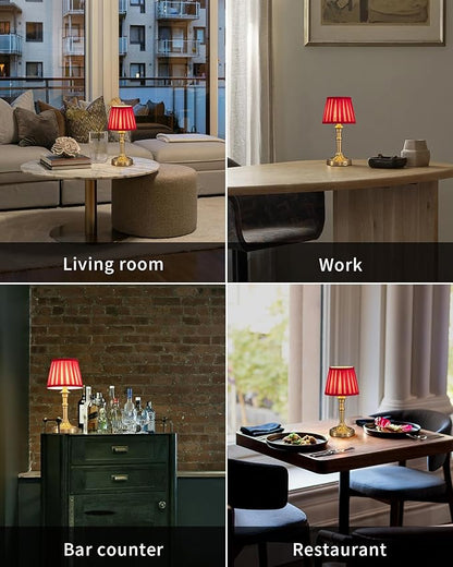 KDG Cordless Portables Table Lamp Set of 2, LED Fabric Shade Small Desk Lamps, 5000mAh Battery Powered Lighting, 2700K Stepless Dimmable Light for Living Room, Dining Room, Bedroom (Bronze+Red)