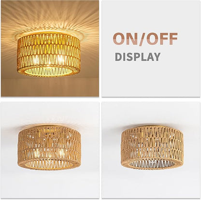 Rattan Ceiling Light Fixture, 3 Light Bohemian Modern Woven Ceiling Light, Boho Flush Mount Ceiling Light for Bedroom Living Room Dining Room, Bulb NOT Included
