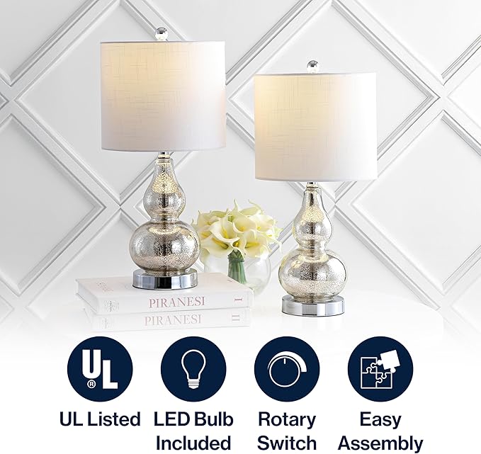 JONATHAN Y JYL1028C-SET2 20.5" Silver Mercury Glass Gourd Table Lamp Set of 2, Modern Glam Bedside Nightstand Lamps for Bedroom, Living Room, Office, End Table with White Linen Drum Shade