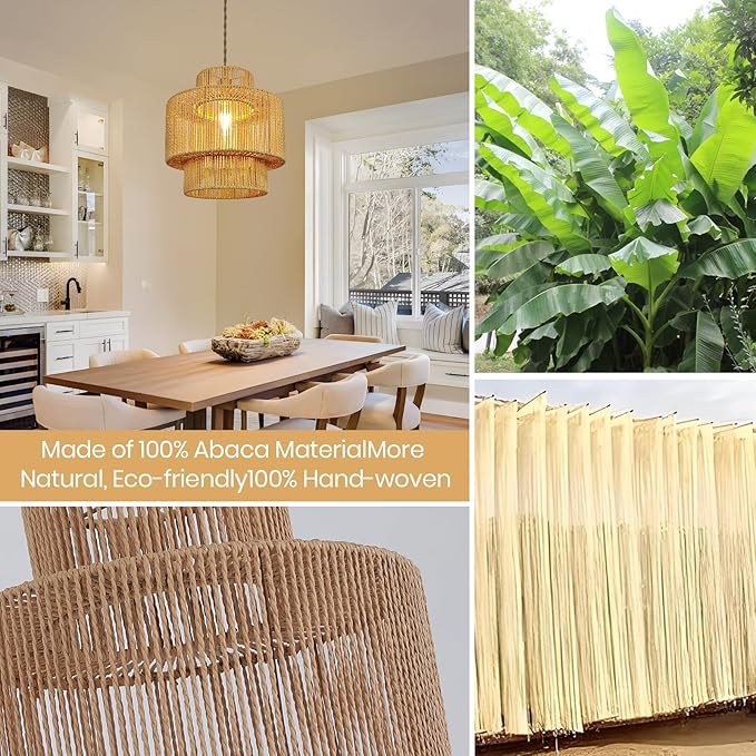 Boho Rattan Lamp Shades for Pendant Light Chandelier Floor Lamps Replacement,Rustic 3-Tier Drum Lamp Shade with Hand-Woven Rattan for Living Room Kitchen Dining Room Office Hotel.