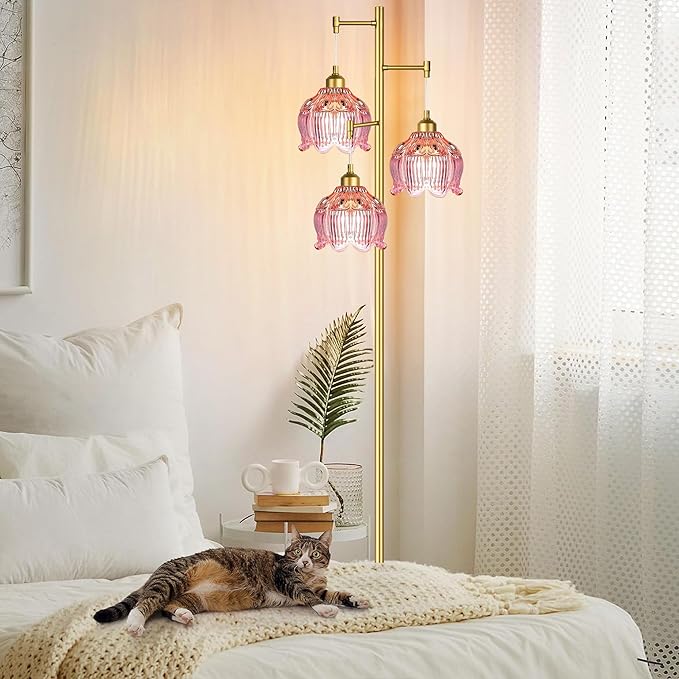 Glass Floor Lamp for Living Room,Bedroom,Gold Flower Mid Century Modern Standing Lamp Brass Tree 3 Light Tall Floor Lamps Vintage Floor Lights Pink Lamp Shade Farmhouse Boho Bohemian