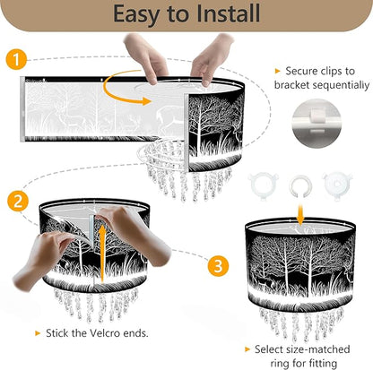 Deer & Forest Lamp Shade Acrylic Bead Droplets, Black Drum Fabric Light Shade for Ceiling Pendant Table & Floor Lamps, Decor & Gift for Wild Animal Nature Lover, 11.8in