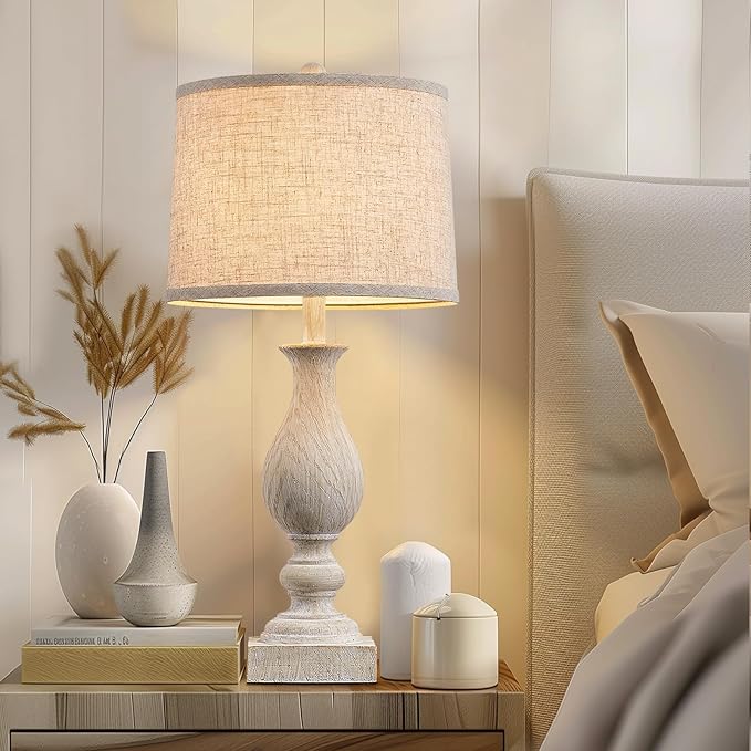 Farmhouse Table Lamp Set of 2 for Bedroom Living Room with USB A+C, 28" Tall Vintage Rustic Traditional Nightstand Bedside Lamps Retro Side Table Lamps, Rotary Switch, Washed White, Bulb not included
