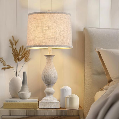 Farmhouse Table Lamp Set of 2 for Bedroom Living Room with USB A+C, 28" Tall Vintage Rustic Traditional Nightstand Bedside Lamps Retro Side Table Lamps, Rotary Switch, Washed White, Bulb not included