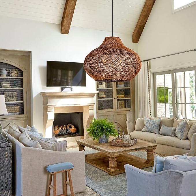 3-Light Dark Brown Rattan Pendant Light,18.9" Rustic Hanging Light,Round Curry Wicker Pendant Light Hand-Woven Rattan Chandelier for Workplace Dining Living Bedroom Kitchen Farmhouse
