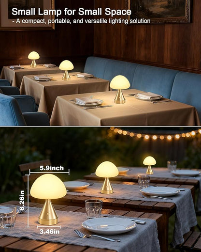 Small Cordless Mushroom Table Lamp, Mini Rechargeable Battery Powered Night Light, Touch Control Dimmable, Portable Gold Lamp for Kitchen Restaurant Dining Table Bathroom Patio
