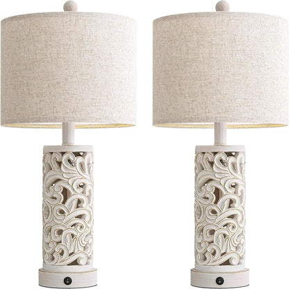 OYEARS 22'' Table Lamp Set of 2 for Living Room,Farmhouse Lamp for for Bedroom,Vintage Retro Bedside Lamps with USB Ports Linen Shade for Home Office (Wash White, Bulb Included)