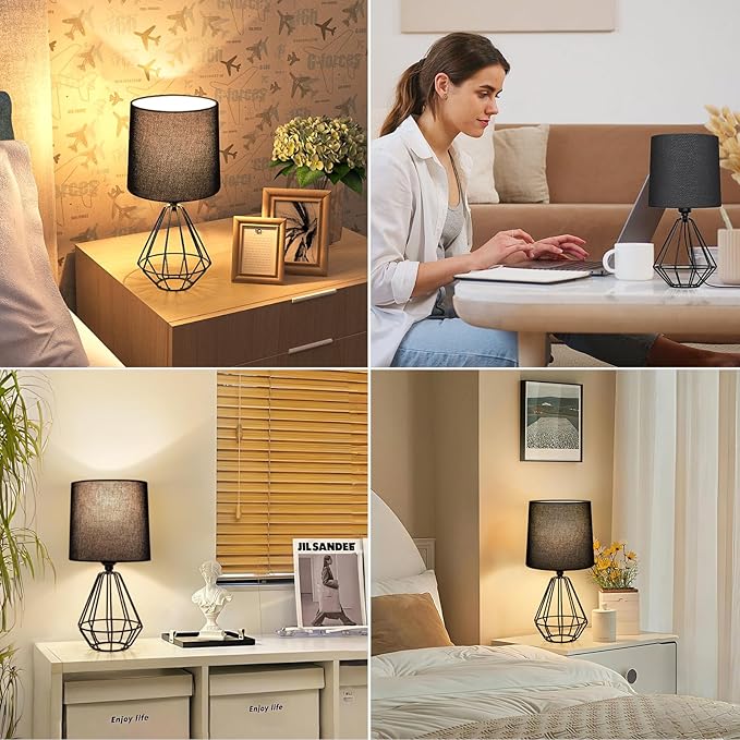 GGOYING Set of 2 Bedside Table Lamp, Black Metal Modern Lamp with Black Fabric Shade, Simple Side Lamp for Living Room,Bedroom,Home,Office Working