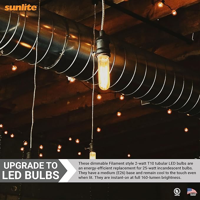 Sunlite LED Filament T10 Tubular Light Bulb, 2 Watts (25W Equivalent), 160 Lumens, Medium E26 Base, 120 Volts, Dimmable, 90 CRI, UL Listed, Clear, 3000K Warm White, 10 Pack