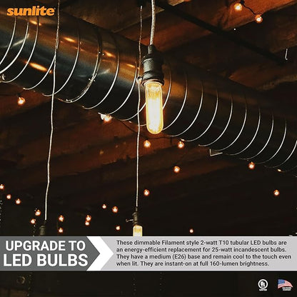 Sunlite LED Filament T10 Tubular Light Bulb, 2 Watts (25W Equivalent), 160 Lumens, Medium E26 Base, 120 Volts, Dimmable, 90 CRI, UL Listed, Clear, 3000K Warm White, 10 Pack