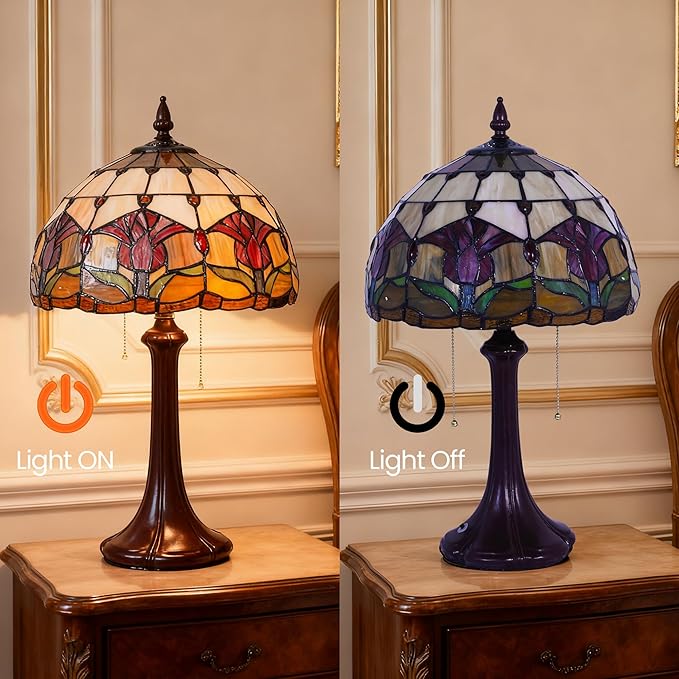 Vintage Table Lamp Stained Glass Lamp Tulip Flower Shades Bedroom Plug in Table Lamp Reading Desk Light for Bedside Living Room Office Dormitory Dining Room Decorate Gift