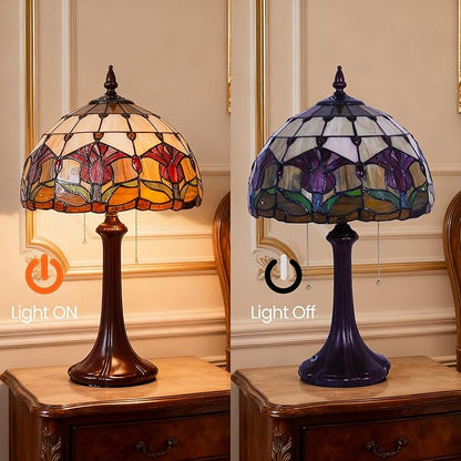 Vintage Table Lamp Stained Glass Lamp Tulip Flower Shades Bedroom Plug in Table Lamp Reading Desk Light for Bedside Living Room Office Dormitory Dining Room Decorate Gift