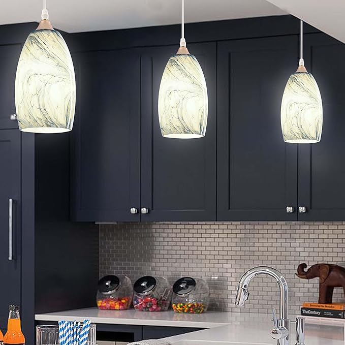 GO&SO 3-Pack Ink-blue Pendant Light Wave Glass Lamp Shades - Hand-Blown Rippled Texture with White Gradient, 7.8"H x 4"W Oval Art Fixtures, 1.57" Fitter,Mini Lamp Shade & Pendant Lamp Replacement Set