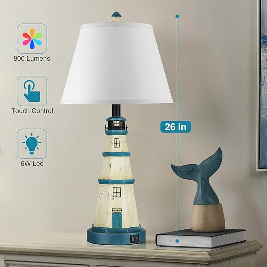 WIHTU Table Lamps Set of 2, Bedside Lamps with Dual USB Charging Ports, 3-Way Dimmable Modern White Blue Lighthouse Touch Control Nightstand Lamps for Living Bedroom, Bulbs Included