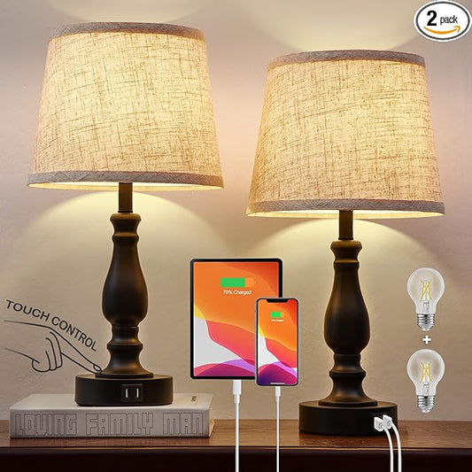 Table Lamps Set of 2, Bedside Nightstand Lamps with USB Charging Ports,Dimmable Touch with Linen Fabric Lampshade, Modern Small Lamp for Bedrooms, Living Room (Bulbs Included)