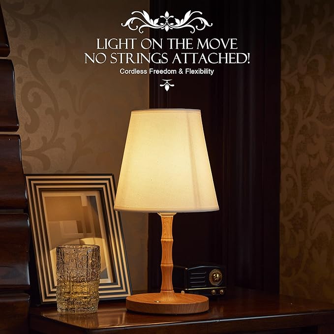 Table Lamp Cordless Bedside Desk Lamp,Rechargeable Battery Operated Lamps for Bedroom Night Stands,3 Colors Touch Dimmable Small Table Kitchen Lamps,4000mAh LED Wood Grain(Fabric Shade)