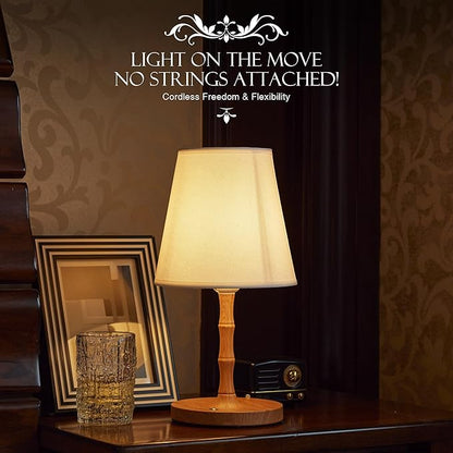 Table Lamp Cordless Bedside Desk Lamp,Rechargeable Battery Operated Lamps for Bedroom Night Stands,3 Colors Touch Dimmable Small Table Kitchen Lamps,4000mAh LED Wood Grain(Fabric Shade)