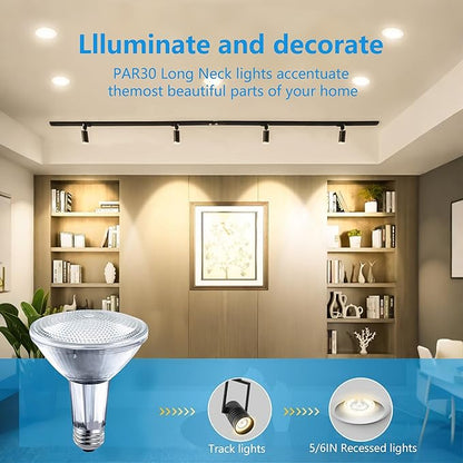PAR30 Long Neck Halogen Bulbs, 120V 60W PAR30 Flood Light Bulb, Dimmable, E26 Medium Base, 2700K Warm Lighting, 3000 Hours for Recessed Light Bulb, 6 Pack