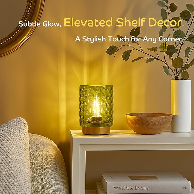 Battery Operated Lamp Cozy Bedside Ambience, Small Vintage Cordless Table Lamp for Shelf Office Desk, Glass Decorative Accent Lamp for Living Room/Entryway/Dorm Wave Design-Green