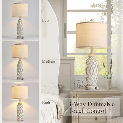28" Table Lamps for Living Room Set of 2, Farmhouse Lamps for Bedroom with USB A+C Charging Ports, Touch Lamps for Nightstand, 2 Bulbs Included