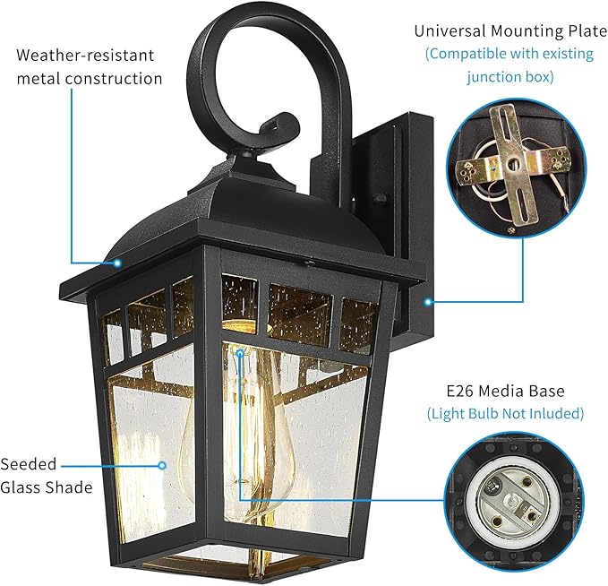 Front Porch Lights Outdoor Wall Lights Exterior Wall Sconce, Matte Black Exterior Light Fixtures Waterproof Farmhouse Outdoor Lighting Fixtures for House Garage Porch Patio 2 Pack