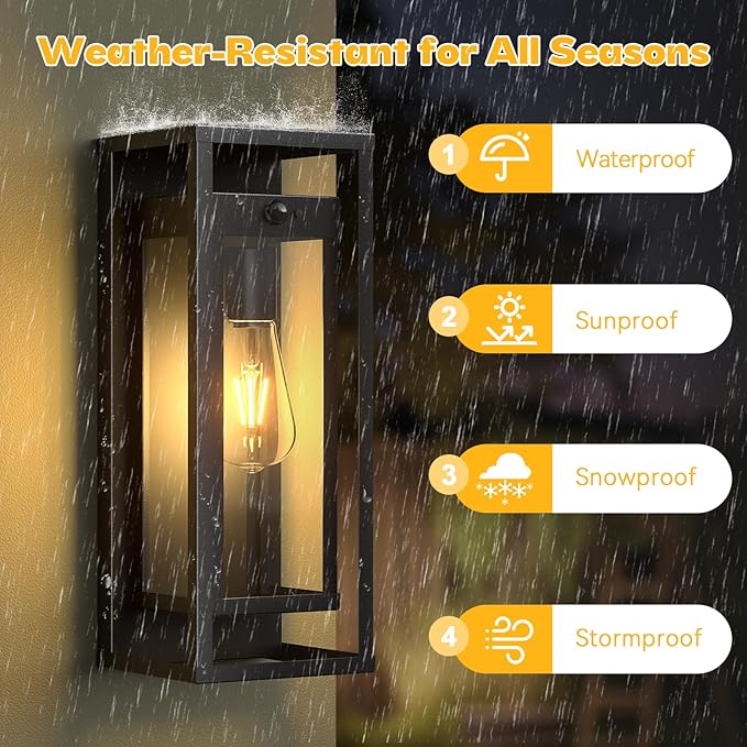 15in Motion Sensor Outdoor Wall Sconce-Black Modern Exterior Lighting Fixture Waterproof Porch Lights Large Outside Lantern Wall Mounted for Coach Doorway Patio