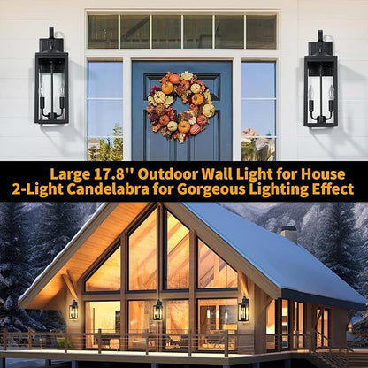 18'' Large Outdoor Light Fixture 2 Packs, Black Porch Lantern Wall Mounted, Waterproof 2-Light Exterior Lighting Fixtures with Clear Tempered Glass, Modern Sconce Outside Lights for House Patio Garage